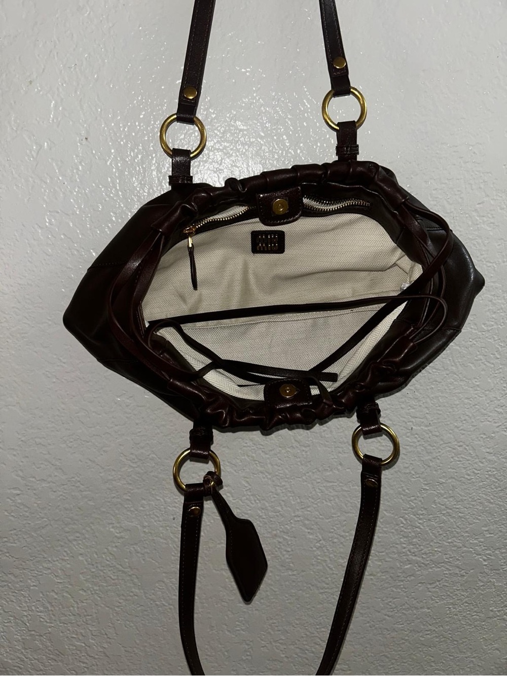 Miu Miu Dark Brown Leather Shoulder Bag with Green Charm - Picture 7 of 10